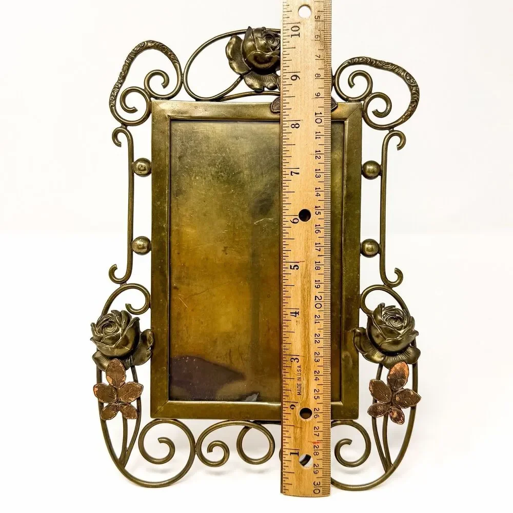 Antique Art Nouveau Brass Picture Frame Rose Floral Whiplash Easel c1900